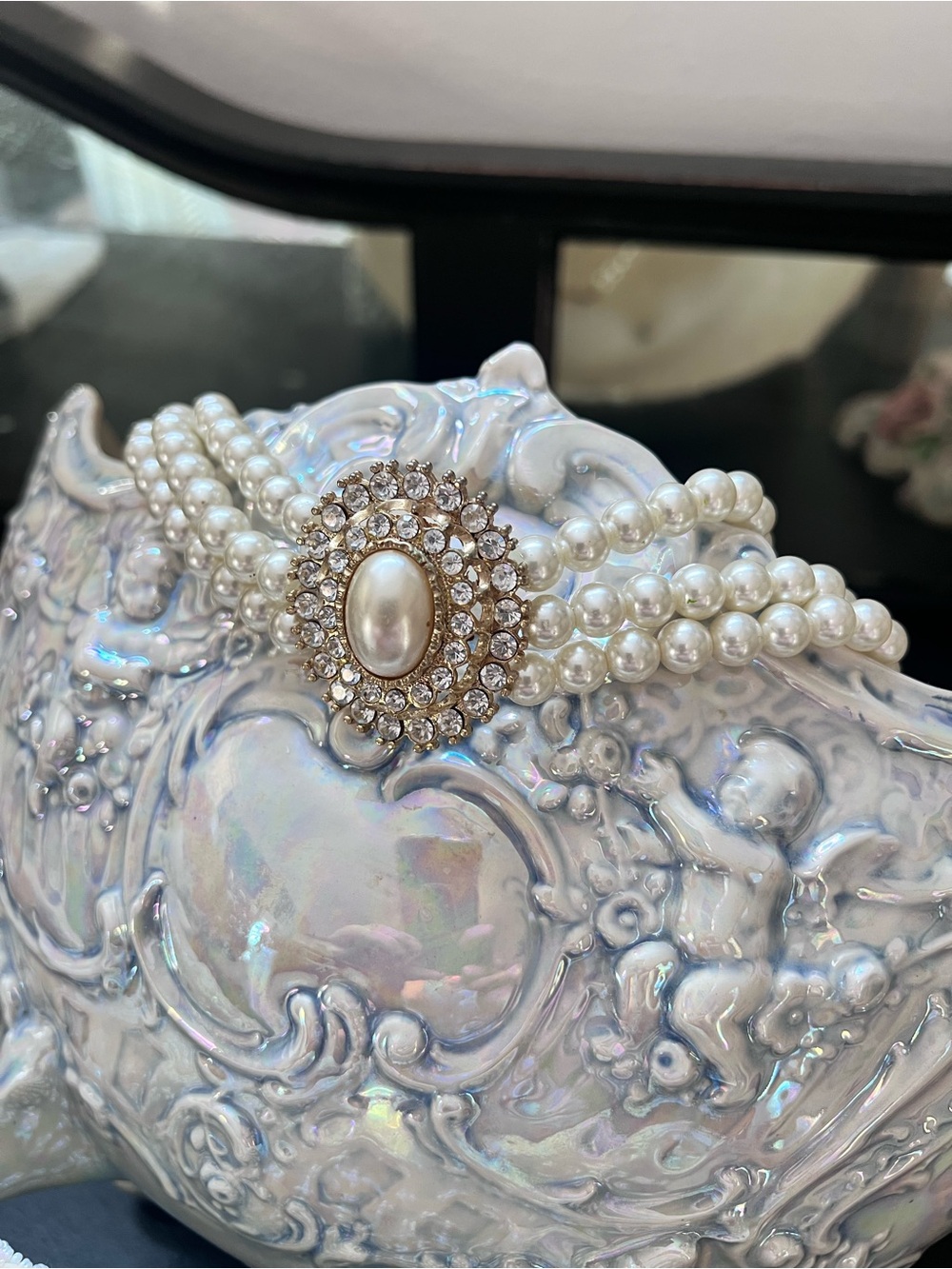Pearl & Rhinestone Multi-Strand Necklace 16”